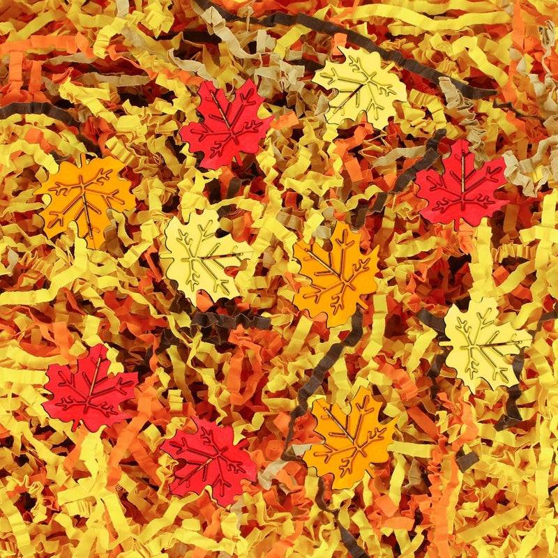 Jansun Fall Brown Orange Yellow Crinkle Cut Paper, 115g/4oz Shred Filler with Red Gold Orange Maple Leaf Confetti for Autumn Harvest Thanksgiving Gift Wrapping Craft DIY Fall Raffia Decorations - Image 1